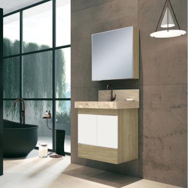 Imagem de Conjunto Para Banheiro Com Espelheira, Gabinete, Lavatório Em Porcelanato Com Cuba Esculpida Bumi