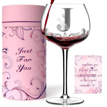 Imagem de Presentes de monograma personalizados para mulheres - taça de vinho com inicial A-Z personalizada, presentes exclusivos de aniversário e Natal para ela, mãe, esposa, irmã, filha, amiga (letra J)