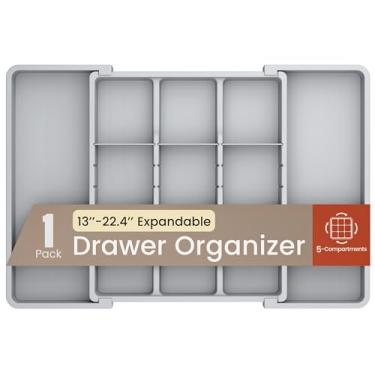 Imagem de Organizador de gaveta expansível cinza 1 pacote, ajustável de 33 a 56 cm, organizador de talheres com 5 compartimentos para utensílios de cozinha, espátulas, talheres e ferramentas, fácil de limpar