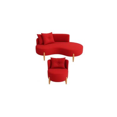 Imagem de Conjunto 01 Poltrona + Sofá Curvo Orgânico Veludo Vermelho - Montanaris Decor