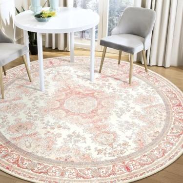 Imagem de Castage Tapete redondo rosa de 1,5 m, tapetes circulares boho para quarto, sala de estar, lavável, vintage, boêmio, envelhecido, oriental, floral, antiderrapante, floral