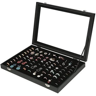Imagem de Caixa organizadora de joias XSHEEP, caixa organizadora de 100 compartimentos para exibição de brincos, bandeja de suporte de joias de veludo preto com tampa de vidro transparente - Presente ideal para