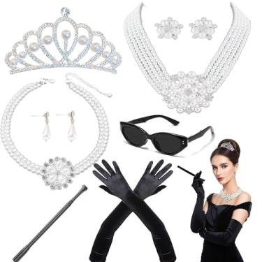 Imagem de VZqola 8 peças 1920 acessórios Hepburn fantasia Holly Golightly acessórios para mulheres fantasia de Halloween colar de pérolas brincos luvas óculos de sol melindrosa festa cosplay conjunto de joias