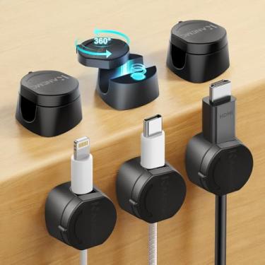 Imagem de Kanemc Pacote com 6 clipes de cabo, suporte de cabo giratório de 360°, clipes magnéticos autoadesivos, cabo USB de carregamento, organizadores de fios organizados para mesa de cabeceira, mesa