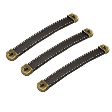 Imagem de LINYUEARUI Puxador de gaveta de móveis de couro, maçanetas de porta de guarda-roupa, armário de mesa retrô sem mãos, alça marrom de ferro integrada, substitui ferragens de metal por parafusos nas