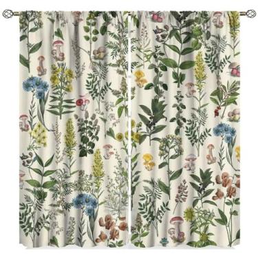 Imagem de Yearn Jear Cortinas botânicas vintage, ervas, cogumelo, folhas verdes, samambaias, plantas, boho, retrô, flores silvestres, rústico, casa de fazenda, tratamento de janela para cozinha, sala de estar