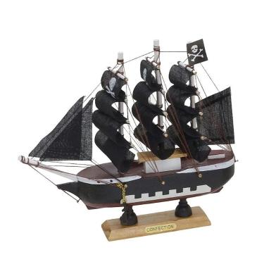 Imagem de Escultura Barco Em Madeira E Tecido Preto E Branco – 18Cm