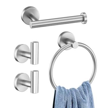 Imagem de Kiakuoow Conjunto de acessórios de banheiro de níquel escovado, conjunto de toalheiros de 4 peças inclui anel de toalha, suporte de papel higiênico e 2 ganchos de toalha de aço inoxidável para