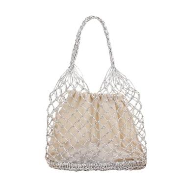 Imagem de SHAREYOIU Linda bolsa vazada com alça superior bolsa de tricô bolsa de ombro de corda de papel, Prateado