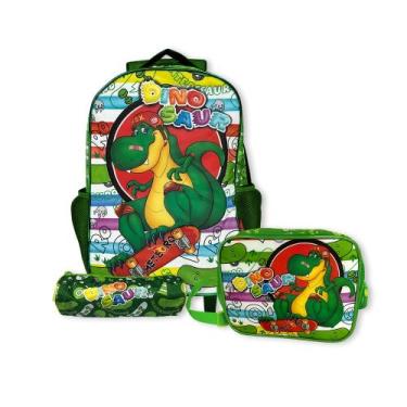 Imagem de Kit Mochila Infantil com Rodinhas, Lancheira Térmica e Estojo, Tema Dinossauro, Verde, 20L