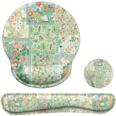 Imagem de iLeadon Mouse pad com suporte de pulso, almofada de pulso para teclado, conjunto de mouse pad ergonômico para escritório e casa (verde floral)