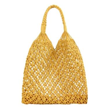 Imagem de SHAREOIU Bolsa feminina de tecido de algodão, alça superior, bolsa de praia de malha de corda feita à mão, Amarelo