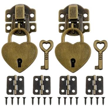 Imagem de XZW Dobradiças de caixa com trava de ferrolho bronze verde e travas de cadeado com parafusos e chaves correspondentes para decoração e reparo de caixa de joias estilo retrô (2 conjuntos)