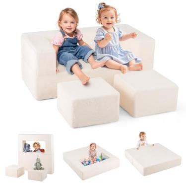 Imagem de INFANS Sofá modular para crianças, sofá secional de construção de forte para sala de jogos, quarto, conjunto conversível de móveis de espuma macia e almofada de chão para meninos e meninas (bege)