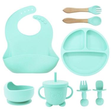 Imagem de Talheres Bebê Silicone 6 Peças Kit Talheres Infantil Com Ventosa Canudo Colher Babador Garfo Verde