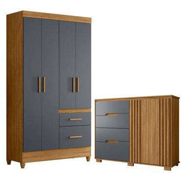 Imagem de Guarda Roupa Solteiro Madri e Cômoda Texas Freijó Cinza - Moval