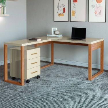 Imagem de Mesa Escrivaninha Industrial 100% Mdf Off White/Freijó F22 - Pradel