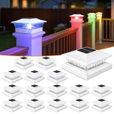 Imagem de APONUO Luzes solares com 8 cores sólidas RGB e fluxo multicolorido - pacote com 16 luzes solares de poste de cerca, IP65 à prova d'água - serve para postes de madeira e vinil 10 x 15 x 15 x 15