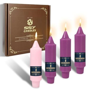 Imagem de Gedengni Castiçais rosa, velas curtas, velas roxas de 12,7 cm, velas afuniladas sem gotejamento para decoração de casa, casamentos, festas festivas, feriados, 7D-3PUR1PIN