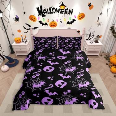 Imagem de Erosebridal Jogo de cama solteiro fofo roxo para Halloween, teia de aranha, caveira, morcego, gótico, assustador, animal, conjunto de edredom para crianças, adolescentes e adultos