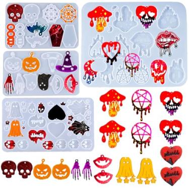 Imagem de Rifanda 4 peças, brinco de Halloween, moldes de resina com orifício, crânio, abóbora, morcego, aranha, brinco de resina epóxi, molde de joias, chaveiro com pingente de Halloween