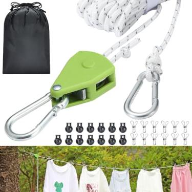 Imagem de Varal de viagem retrátil, linha resistente ajustável de 4,8 m com sistema de polia refletiva, ganchos e clipes inoxidáveis - Portátil para acampamento, cruzeiro, hotel, varanda e lavanderia ao ar