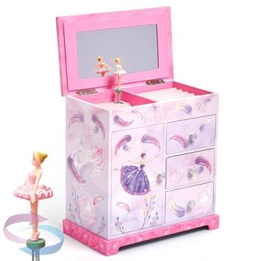 Imagem de Jewelkeeper Caixa de joias musical para meninas – madeira artificial rosa com forro rosa macio – toca melodia de fadas açucareira – 4 compartimentos para armazenamento – caixa de joias infantil – 24 x
