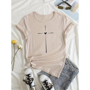 Imagem de Camiseta Feminina Cruz Coração Evangelica Gospel 100% Algodão Premium 