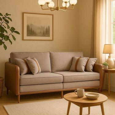 Imagem de Sofá Living 3 Lugares Bipartido com Pés em Madeira Maciça 172cm Manágua Espresso Móveis Linho Bege Cinza/Sintético Caramelo