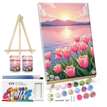 Imagem de ATDMS Kit de pintura por números para adultos com moldura de flores kits de pintura por números tela emoldurada à beira-mar pôr do sol por número com cavalete kits de pintura a óleo de montanha faça