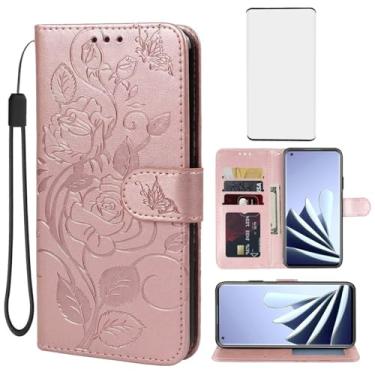 Imagem de Vavies Capa carteira para OnePlus 10 Pro NE2210 com protetor de tela de vidro temperado, capa de telefone flip de couro floral com suporte para cartão de crédito para OnePlus 10 Pro ouro rosa