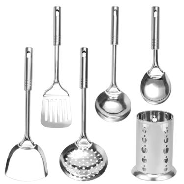 Imagem de XYDHQS Conjunto de 6 peças de utensílios de cozinha de aço inoxidável, portátil, resistente à ferrugem, resistente ao calor, pode ser lavado na lava-louças com suporte, utensílios de servir