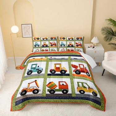 Imagem de QOOMO Jogo de cama solteiro com desenho animado, veículo de construção, para decoração de quarto de meninos, meninas e adolescentes, macio e leve para todas as estações, 1 edredom e 2 fronhas