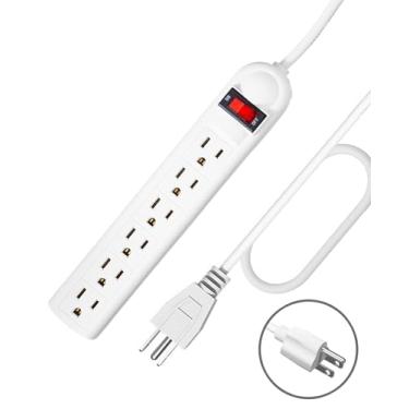 Imagem de Cabo de extensão de 1,8 m - protetor contra surtos de filtro de energia longo, 6 tomadas CA planas, suporte de parede, extensor de tomada múltipla estação de carregamento de mesa para computador, casa
