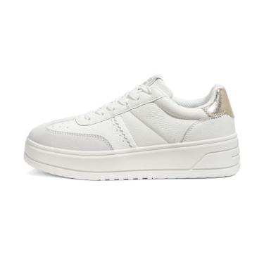 Imagem de LUCKY STEP Tênis feminino com cadarço plataforma confortável, casual, moderno, tênis de caminhada, couro sintético, tênis de cano baixo, Branco, 35