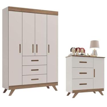 Imagem de Guarda Roupa e Cômoda Infantil Retrô Maya Off White Carvalho  Carolina