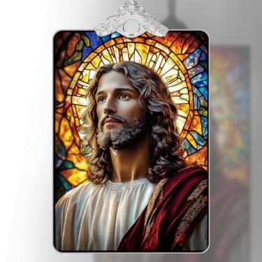 Imagem de Enfeite de árvore de Natal, decoração de pendurar em estilo vitral e apanhador solar de janela de acrílico, Jesus com design de halo radiante, para amigos da família