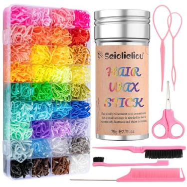 Imagem de Kit de penteados com bastão de cera de cabelo, 2100 peças de elásticos de cabelo de 36 cores, 1 tesoura rosa, 5 peças de pente e conjunto de ferramentas de cabelo, caixa de armazenamento transparente
