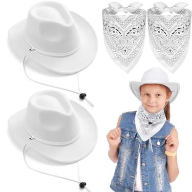Imagem de Xtinmee 4 peças de chapéu de cowboy infantil para bebês meninos meninas chapéus de lã vaqueira algodão bandana rodeio lembrancinhas de festa (branco)
