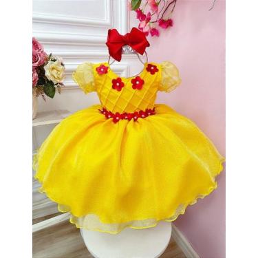 Imagem de Vestido Infantil Princesa Bela e a Fera Amarelo com Flores - Tamanho P