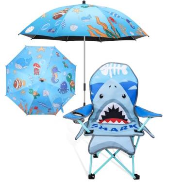 Imagem de KABOER Shark Cadeira de acampamento dobrável infantil com guarda-chuva, gramado dobrável ao ar livre e cadeira de acampamento com suporte de copo e bolsa de transporte para esportes, acampamento