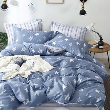 Imagem de LEMIROE Edredom de algodão azul, tamanho solteiro, 2 peças, estrelas brancas na frente azul jeans, listras cinza nas costas, conjunto de cama leve reversível com enchimento macio (1 edredom, 1 fronha)