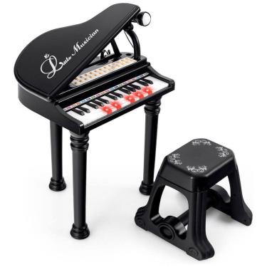 Imagem de Piano Teclado Infantil com 31 Teclas, Banco, Microfone e Modo Ensino LED, Costzon, Preto