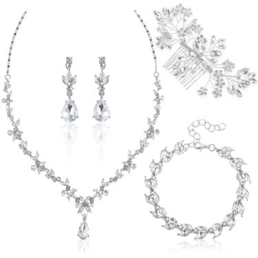 Imagem de Cunno 4 peças de conjuntos de joias de casamento colar de cristal brincos pendentes pulseira pente de cabelo joia mãe da noiva para aniversário de casamento festa de aniversário celebração noiva