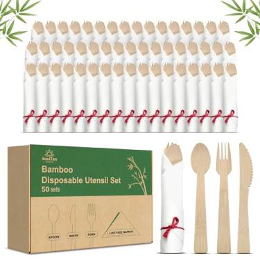 Imagem de SoulTan Goods Conjunto de talheres de bambu descartáveis pré-enrolados – pacote com 50 talheres e guardanapos pré-embrulhados com garfos, facas, colheres para festas, casamentos, eventos e churrasco