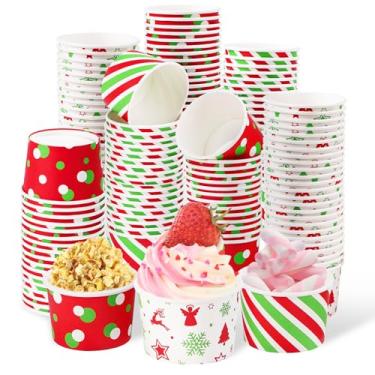 Imagem de Grencian Copos de Natal com 120 peças, copos de lanche de Natal de 340 g, tigelas de papel descartáveis, tigelas de Natal, flocos de neve, listrados, sorvete, suprimentos de festa de Natal para