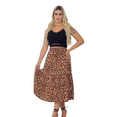 Imagem de Saia Midi Gode Cintura Alta Rodada Em Viscolinho ONÇA ENVIO RÁPIDO - C