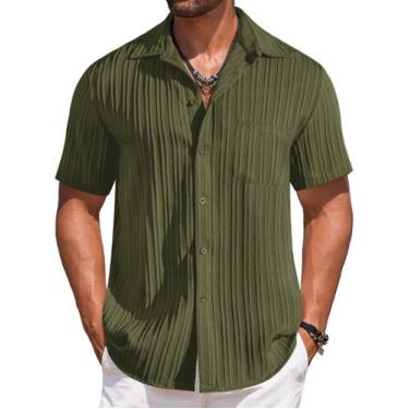 Imagem de Camisa casual COOFANDY, manga curta, abotoada, verde militar, masculin