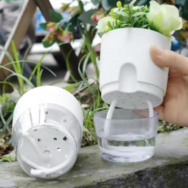 Imagem de 1/2 vasos de flores autoirrigáveis, vasos autoirrigáveis para plantas de interior, vasos de plástico com corda de algodão absorvente (branco)