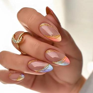 Imagem de 24 peças de unhas francesas prensadas com glitter douradas, efeito gradiente, pontas de cor de verão, cola nas unhas, amêndoa, kit holográfico de acrílico vibrante multicolorido com design brilhante